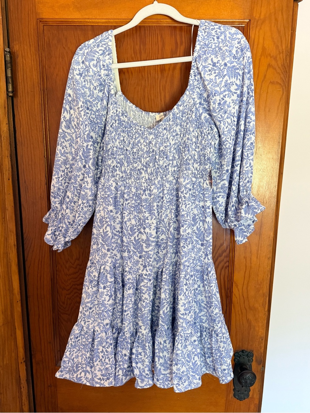 Blue Floral Smocked Mini Dress with Ruffle Sleeves - Women